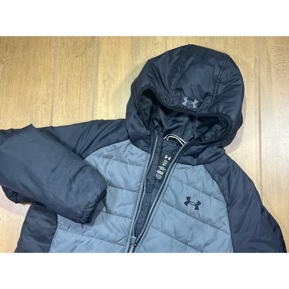 Under Armour ColdGear Storm Puffer Jacket Gray Black Hooded Youth XL